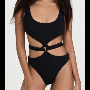 NEW Jonathan Simkhai Emelia textured belted cutout one piece womens L black